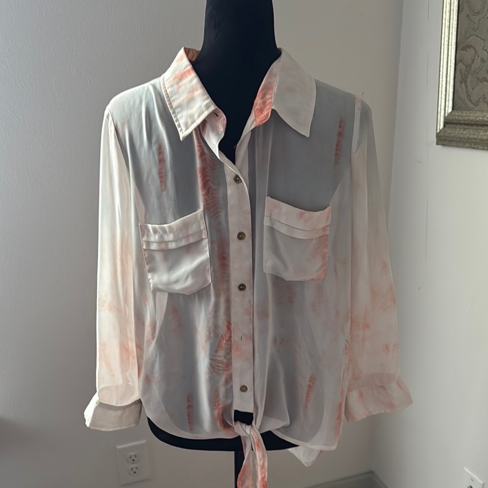 Gianni Bini GB tie dye buttoned down tie front‎ 3/4 sleeves semi sheer top Sz XL